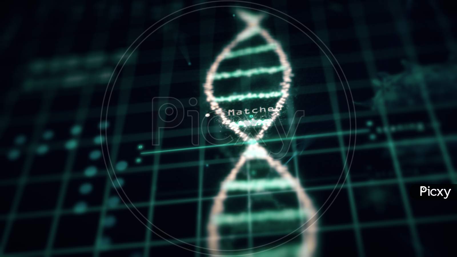 Medical Tech Spiral Dna Chromosome Laboratory Virus Analysis On Green Grid Background. Abstract Hologram Hud Interface And Biology Concept. Digital Screen Technology Innovative. 3D Illustration Render