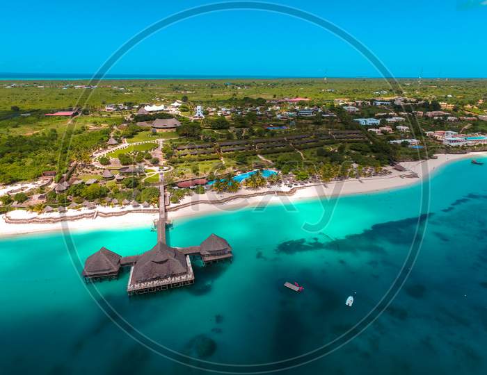 Aerial View Of The Exotic Beach Resort In Coastal Area In Zanzibar, Tanzania