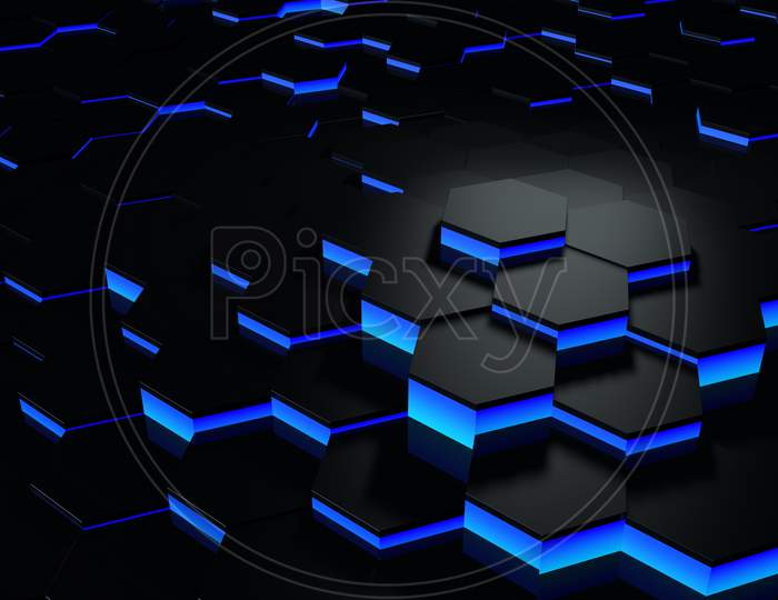 3D Futuristic Rendering Blue And Black Abstract Honeycomb Hexagon Random Surface Level Background With Lighting And Shadow. Tilt Angle