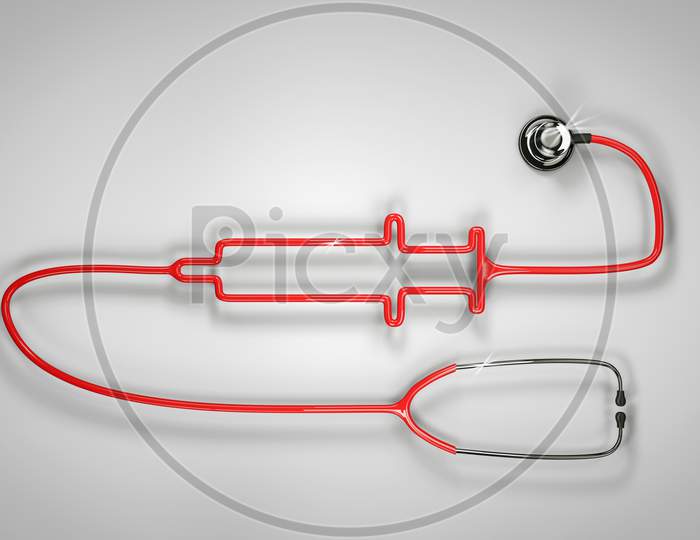 Stethoscope Shape Medical Syringe On White - Grey Background. Concept Healthcare. 3D Render