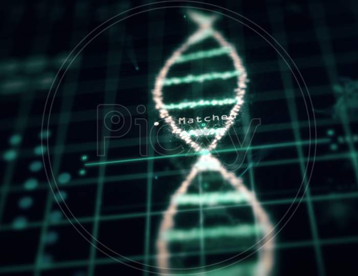 Medical Tech Spiral Dna Chromosome Laboratory Virus Analysis On Green Grid Background. Abstract Hologram Hud Interface And Biology Concept. Digital Screen Technology Innovative. 3D Illustration Render
