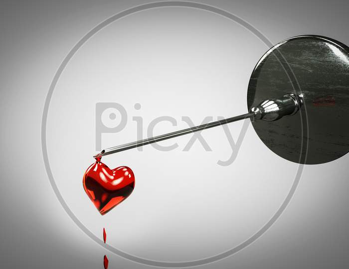 A Syringe Drips From The Needle A Drop In The Shape Of A Heart. Medical Healthcare Or Valentines Day Or Donation Concept. 3D Illustration