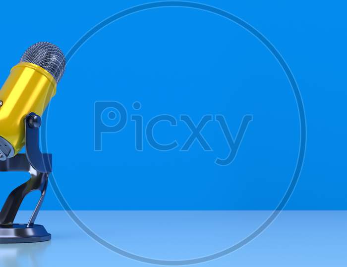 Yellow Podcast Microphone On Blue Background. Entertainment And Online Video Conference Concept. 3D Illustration Rendering