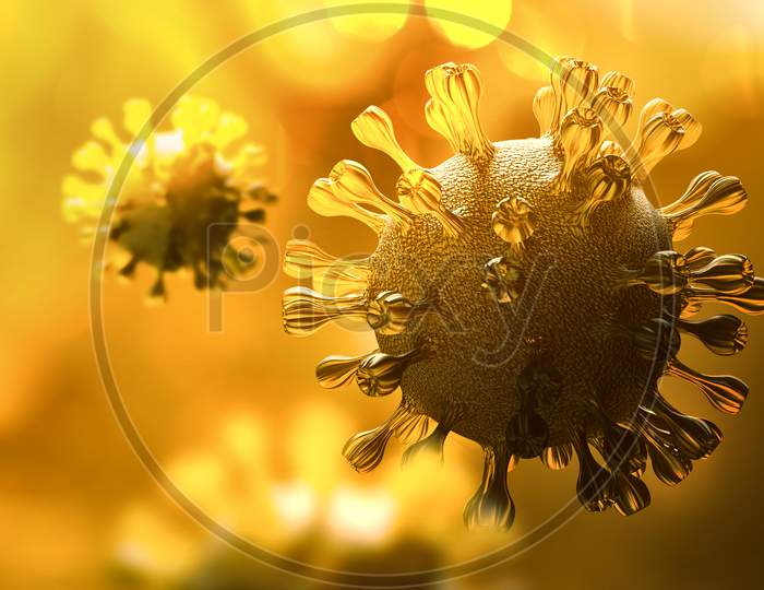 Super Closeup Coronavirus Covid-19 In Human Lung Background. Science Micro Biology Concept. Yellow Corona Virus Outbreak Epidemic. Medical Health Virology Infection Researching. 3D Illustration