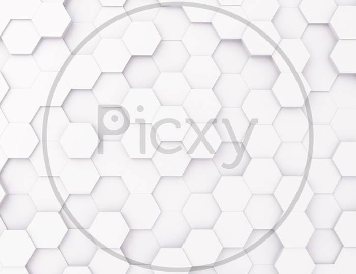 3D Futursitics Rendering White Abstract Honeycomb Random Surface Level Background With Lighting And Shadow. Top View