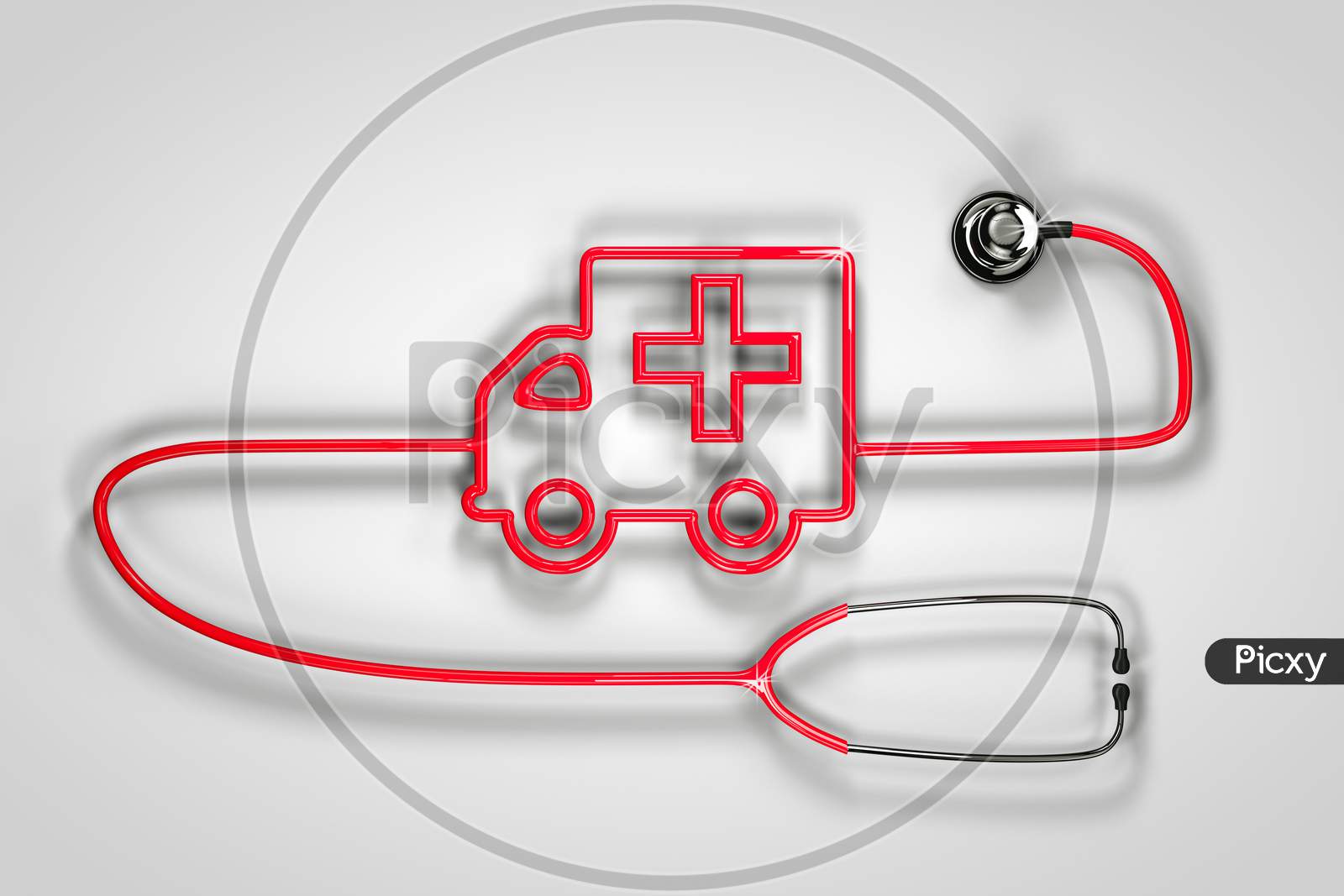 Stethoscope Shape Ambulance On White - Grey Background. 3D Render
