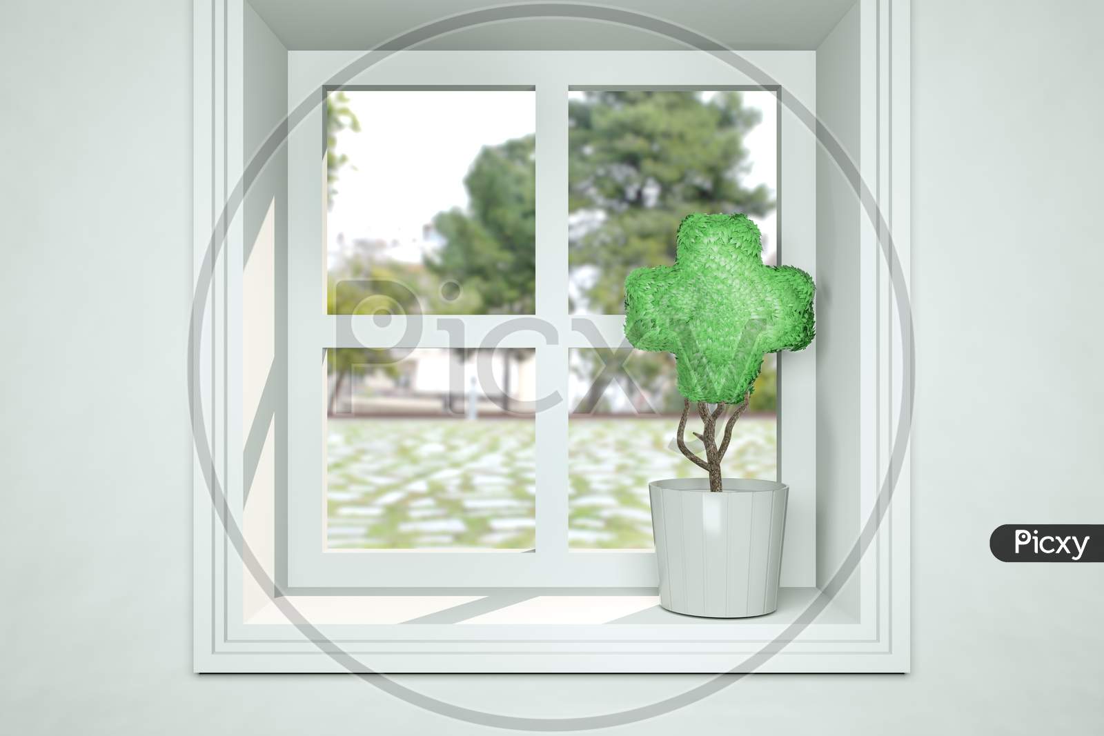 Small Plant In Pot On Window As A Plant Shaped Cross At Sunny Day. Healthcare Medical Or First Aid Concept