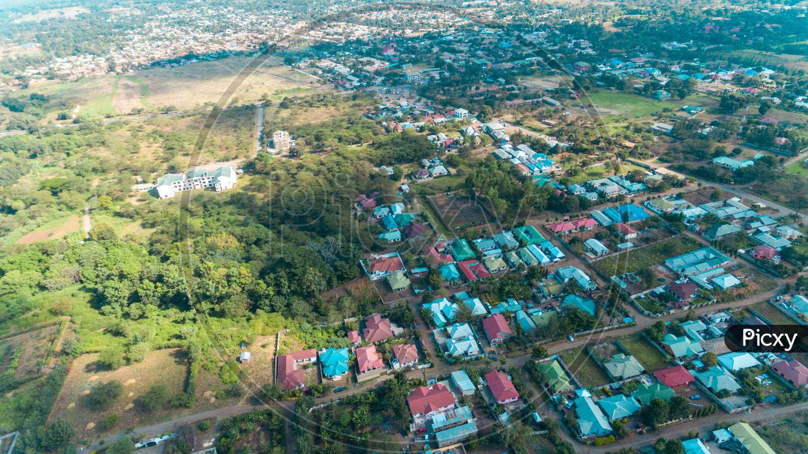 Aerial View Of The Rural Area Away From Arusha, Farming And People Settlement.