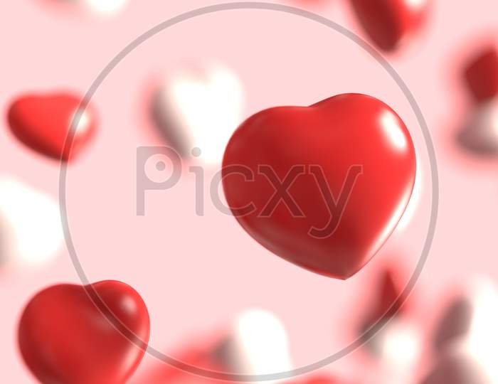 Group Of Red And White Rubber Valentines Heart Floating On Pink Background As Sweet Candy Rainy. Holiday And Affection Love Concept Passion. Greeting Card And Celebration Theme. 3D Illustration