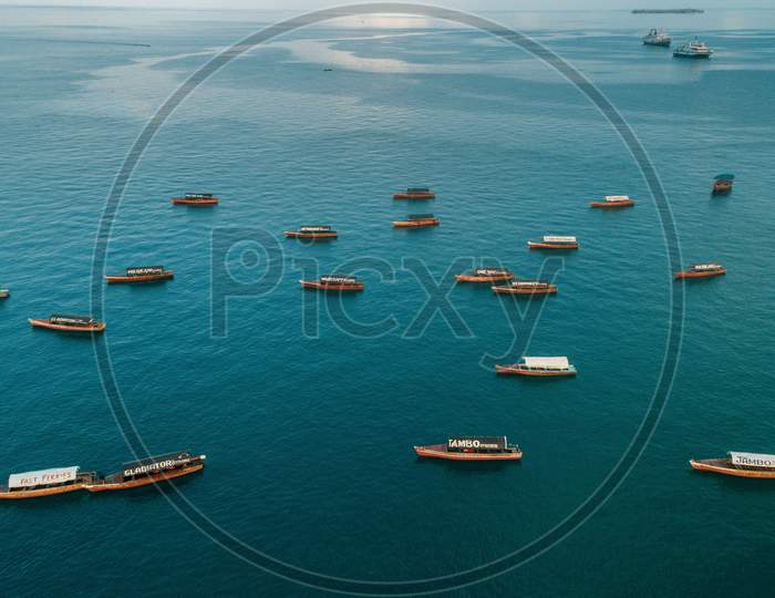 Aerial View Of The Boats And Dhow,  Stone Town In Zanzibar