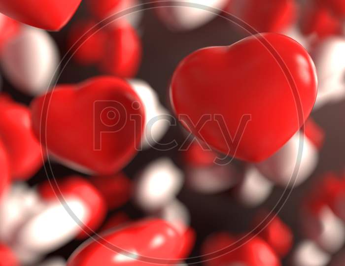 Group Of Red And White Candy Valentines Heart Floating On Chocolate Background As Sweet Candy Rainy. Holiday And Affection Love Concept Passion. Greeting Card And Celebration Theme. 3D Illustration