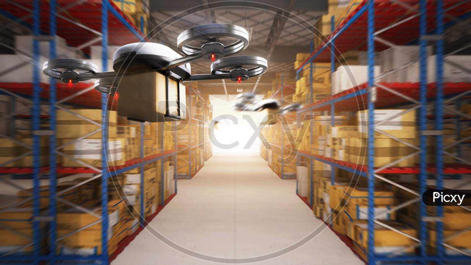 Delivery Drone Delivering The Packages To The Distribution Center And Customers From Warehouse Storage. Futuristics Industrial Technology Transportation Vehicle Concept. 3D Illustration Rendering