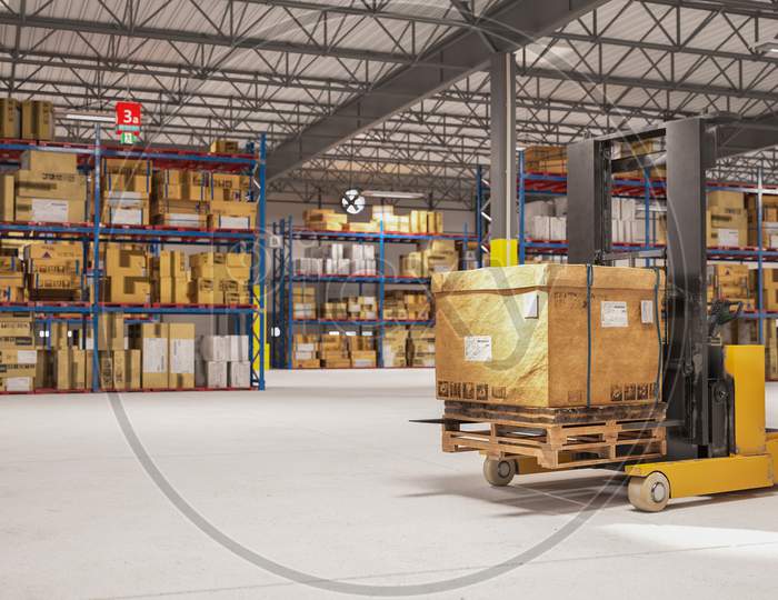 Electric Stacker Hand Pallet Lift Lifting Carton Package For Customer Delivery In Storage Warehouse. Business And Logistics Concept. Vehicle Transportation Shipping Industry. 3D Illustration Rendering