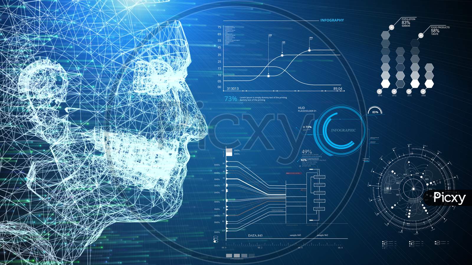 3D Illustration Wireframe Human Ai System And Infographic Information Scanner Hud Interface On Blue Background. Business Vr Technology And Medical. Digital Transformation Disruption Database Network