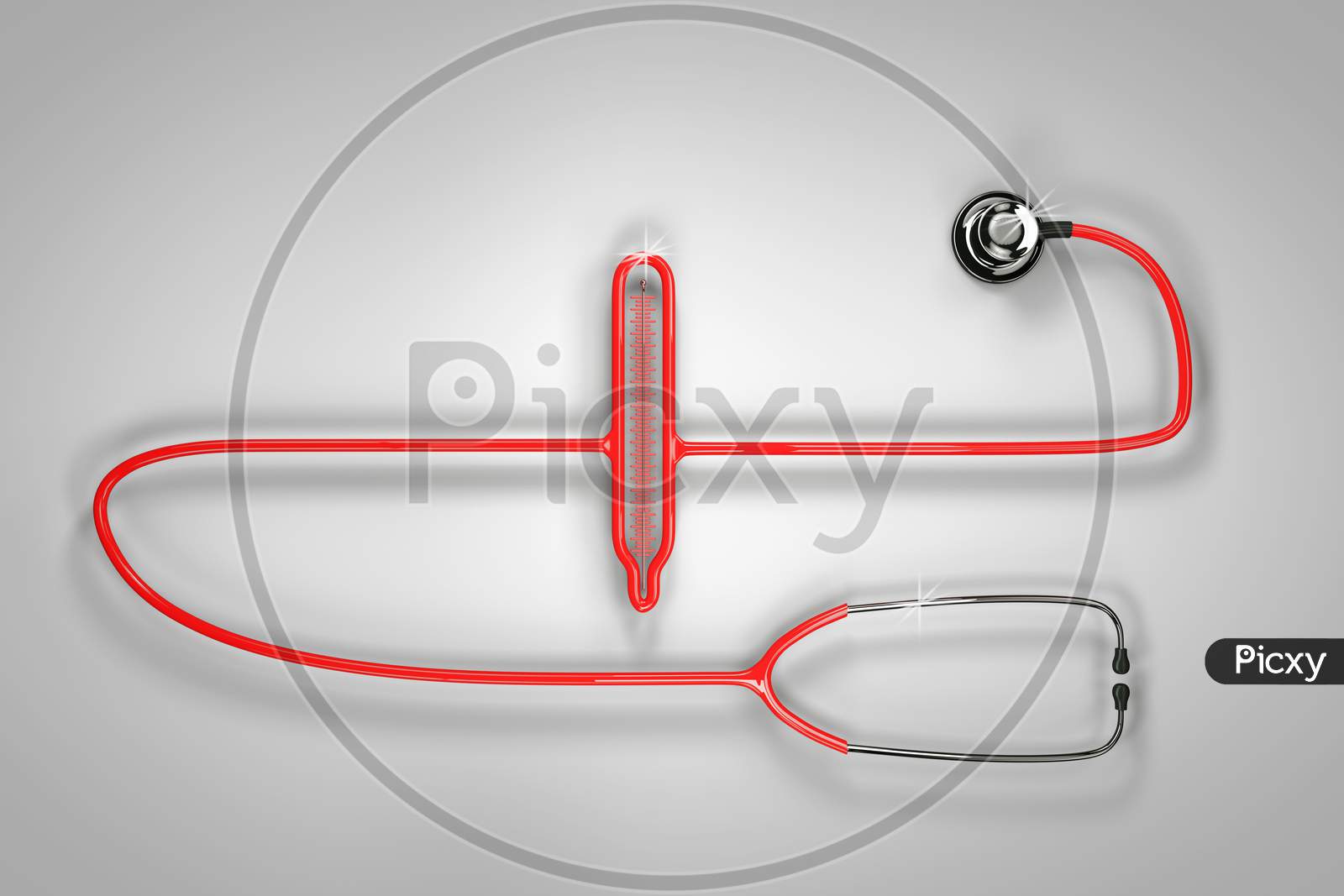 Stethoscope Shape Thermometer On White - Grey Background. Concept Healthcare. 3D Render