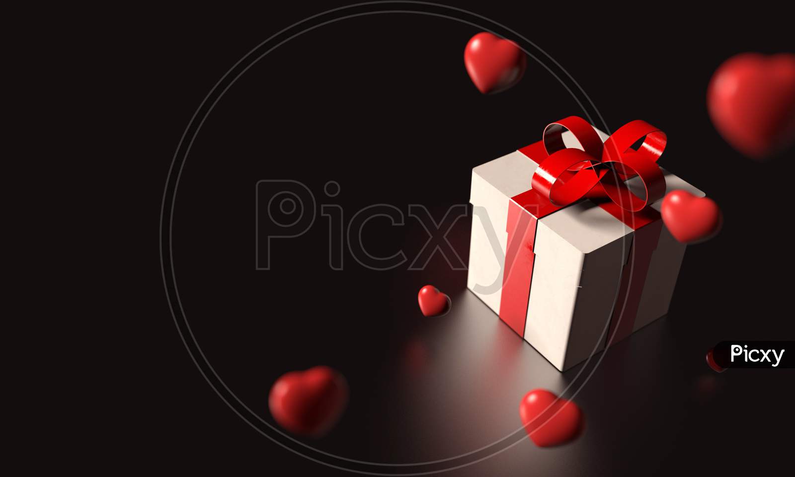White Gift Box With Red Ribbon And Many Heart Falling From Sky On Black Background. Valentine Christmas Holiday And Black Friday Concept. Birthday Celebration Event Banner. 3D Illustration