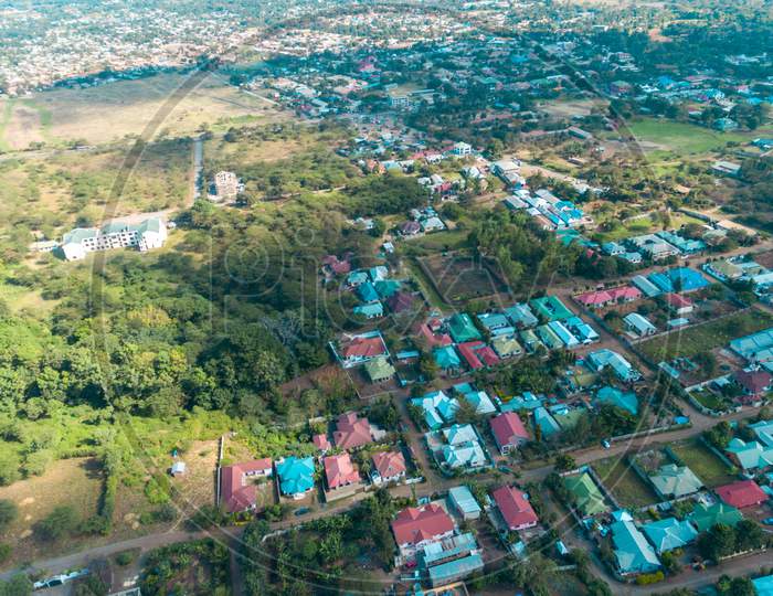 Aerial View Of The Rural Area Away From Arusha, Farming And People Settlement.