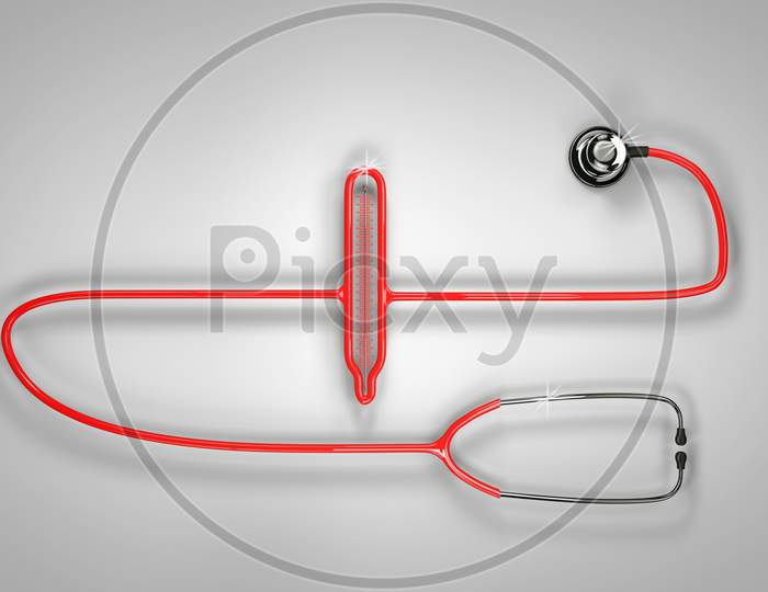 Stethoscope Shape Thermometer On White - Grey Background. Concept Healthcare. 3D Render
