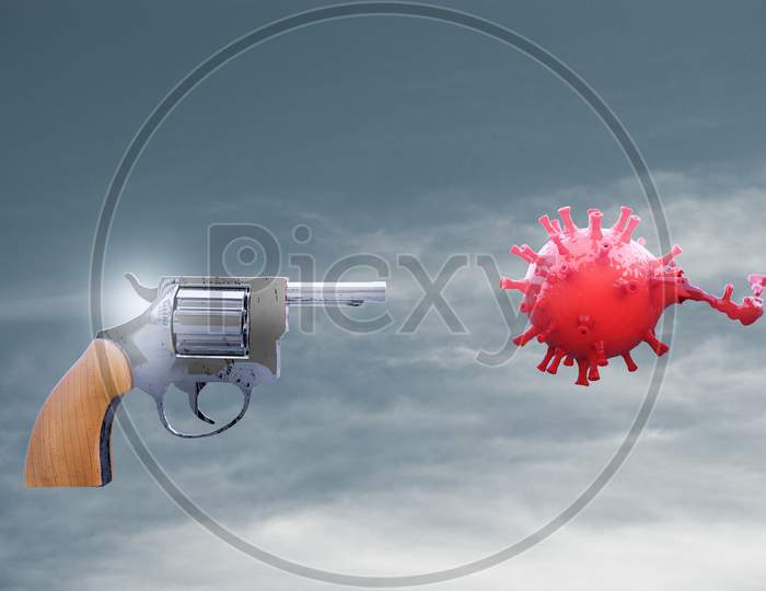 Revolver Gun Shooting And Kill The Coronavirus Influenza And Grip In The Blue Sky With Clouds . Protection Against ''2019-Ncov'' Or Infectious Epidemic Risk Or Stop Spread Concept. 3D Illustration