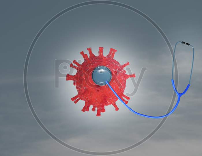 A Coronavirus Influenza Doing Examination By Stethoscope In Blue Sky. Protection Against ''2019-Ncov'' Or Infectious Epidemic Risk Or Stop Spread Concept. 3D Illustration