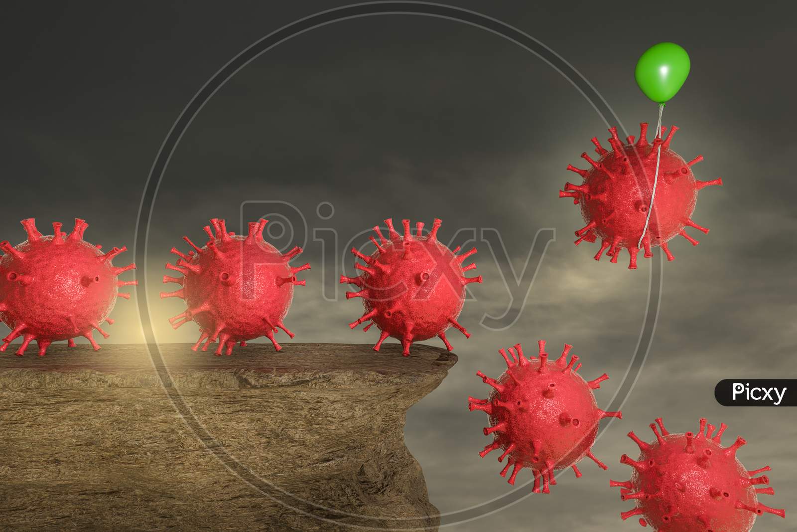 Coronavirus Influenza On A Stone Cliff With A Green Balloon Help To Escape One Coronavirus From Falling In A Sunset Day. Protection Against ''2019-Ncov'' Or Infectious Epidemic Concept. 3D Render