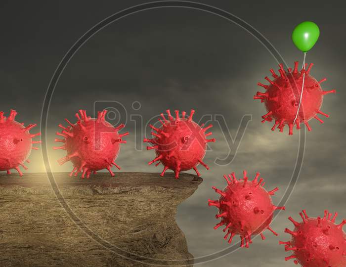 Coronavirus Influenza On A Stone Cliff With A Green Balloon Help To Escape One Coronavirus From Falling In A Sunset Day. Protection Against ''2019-Ncov'' Or Infectious Epidemic Concept. 3D Render