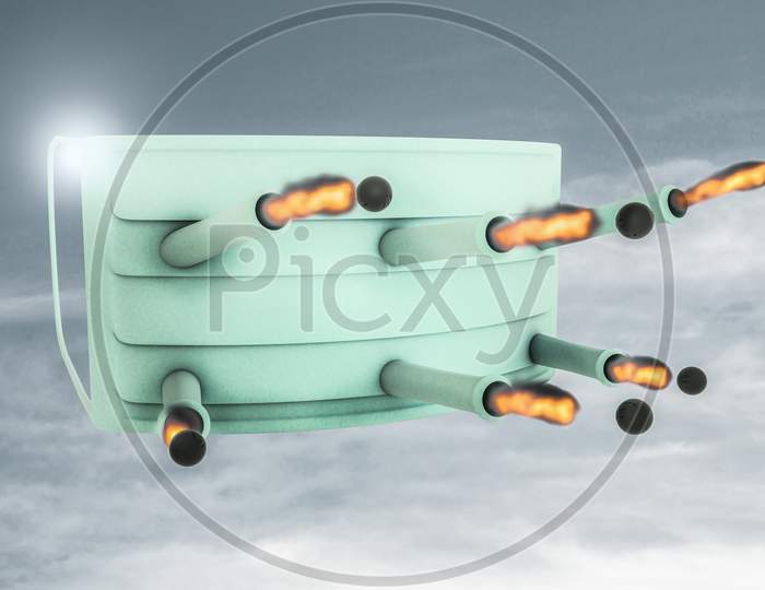 Face Mask Cannons Shooting Cannonballs To Protect From Coronavirus And Grip In Blue Sky. Protection Against ''2019-Ncov'' Or Infectious Epidemic Risk Or Stop Spread Concept. 3D Illustration
