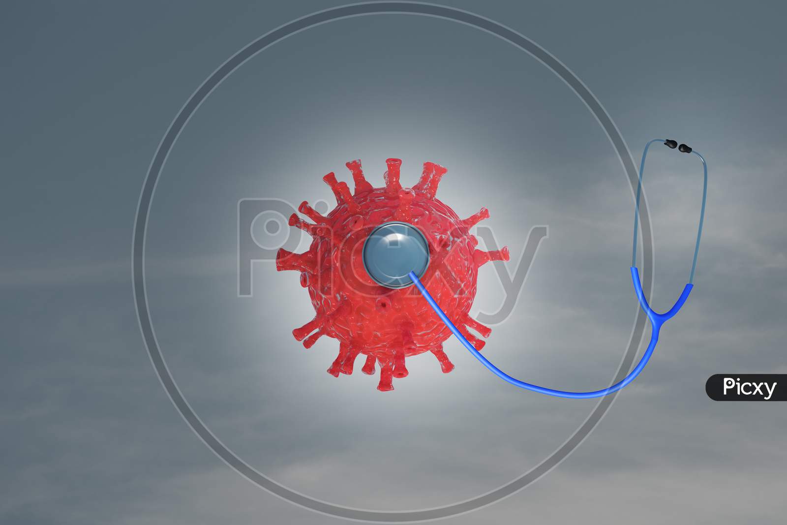 A Coronavirus Influenza Doing Examination By Stethoscope In Blue Sky. Protection Against ''2019-Ncov'' Or Infectious Epidemic Risk Or Stop Spread Concept. 3D Illustration