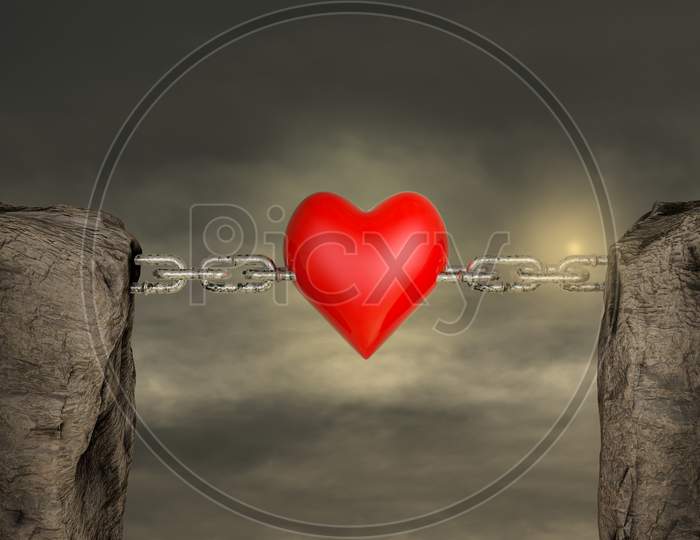 Two Mountains Connected With A Chain By Red Heart In Sunset Day. Healthcare Medical Or First Aid Or Need For Change In Health Care Or Offer Accessibility Concept . 3D Illustration
