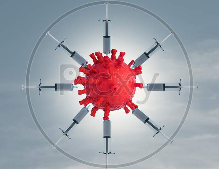 Vaccination A Coronavirus Influenza Using The Syringe Injected Inside The Virus In The Blue Sky. Protection Against ''2019-Ncov'' Or Infectious Epidemic Risk Or Stop Spread Concept. 3D Illustration
