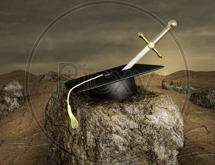 Excalibur In Graduation Hat On Stone At Sunset Day. Congratulate The Graduates Or Education Congratulation Or Academic Freedom Concept. 3D Illustration