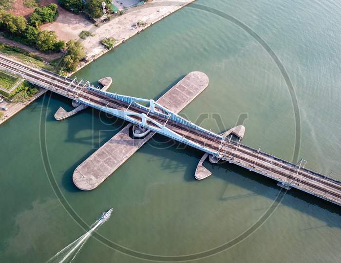 Aerial View Boat Move At Prai River Swing Bridge