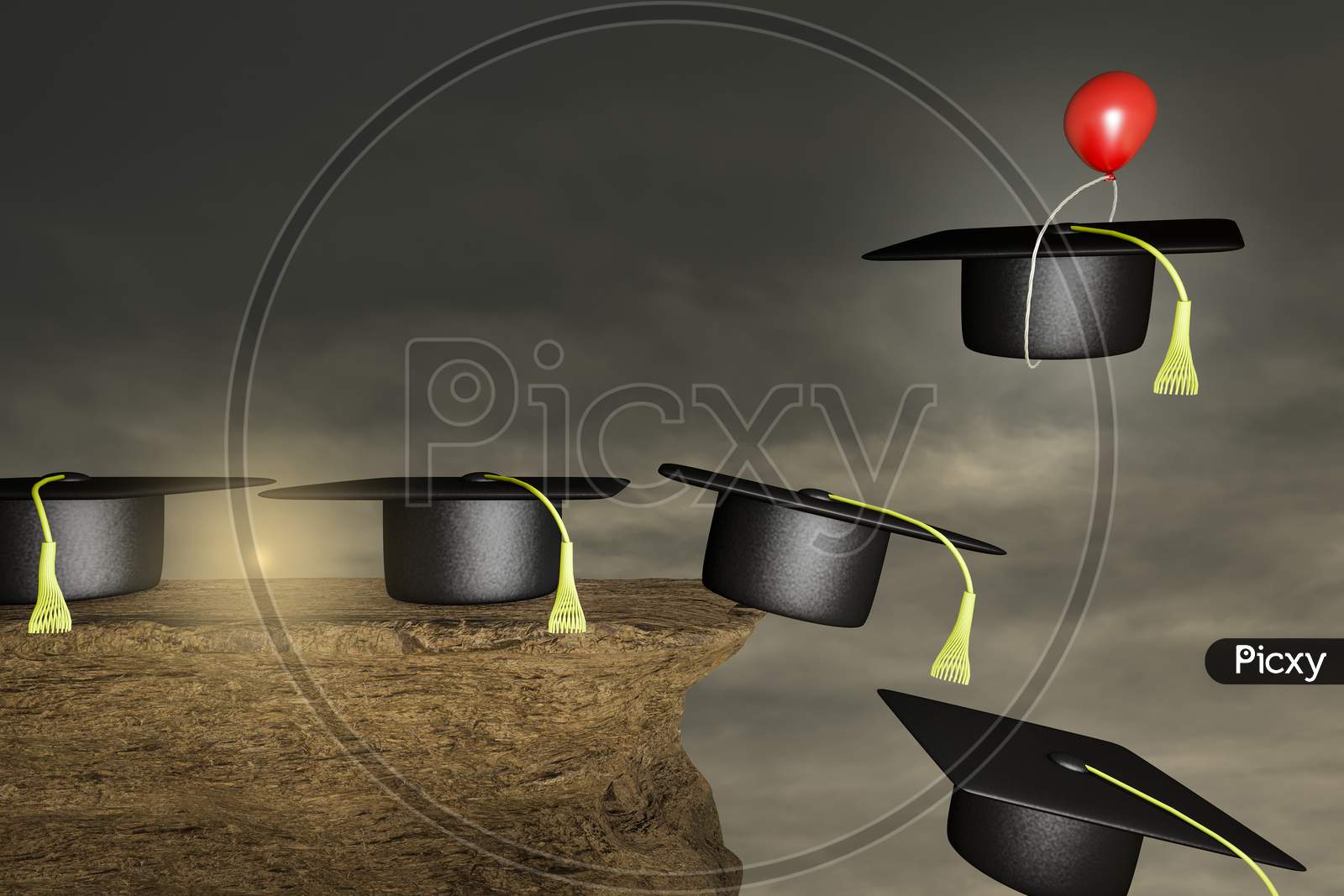 Graduation Hat On A Stone Cliff With A Red Balloon Help To Escape One Graduation Hat From Falling In A Sunset Day. Recognition Or Promotion Day Or Best Speeches At Graduation Concept. 3D Illustration