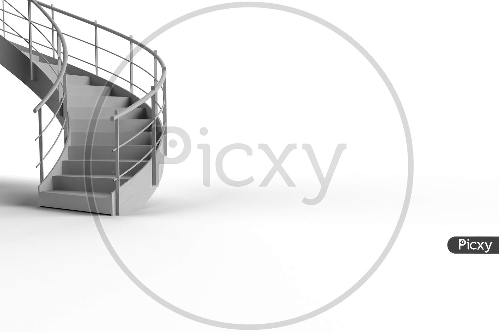 3D Render Model Of A Set Of Metallic Spiral Stairs In White Background With Space For Text