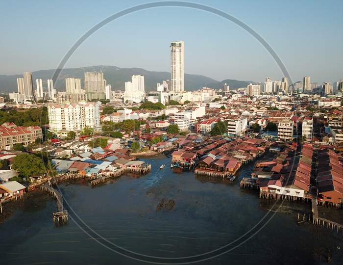 Drone Shot Clan Jetty With Background Komtar Building