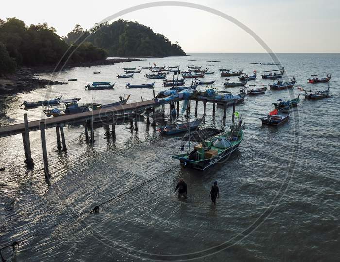 Aerial View Fishing Jetty With Boats Parking