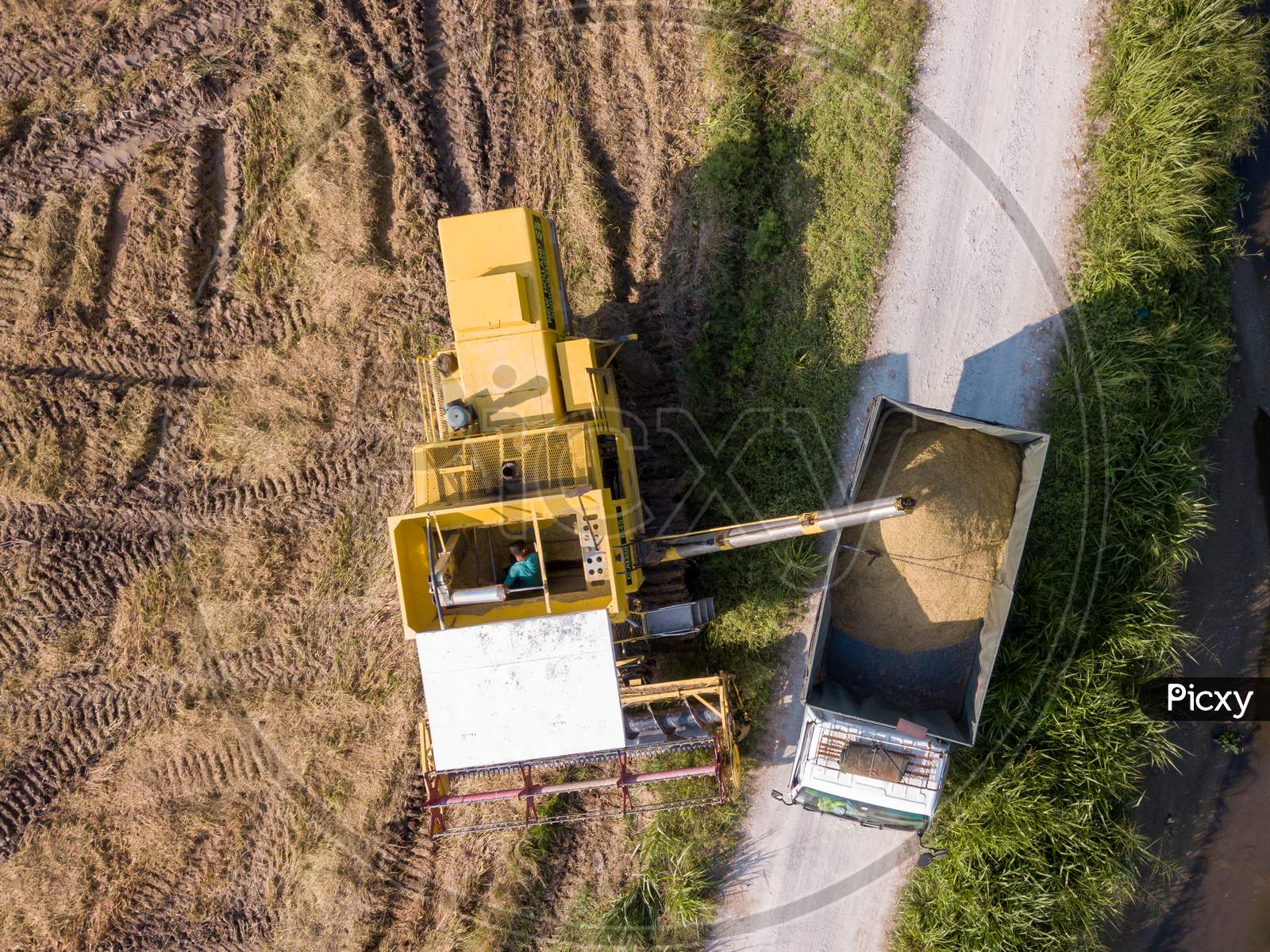 Aerial View Harvester And Truck At Paddy Field