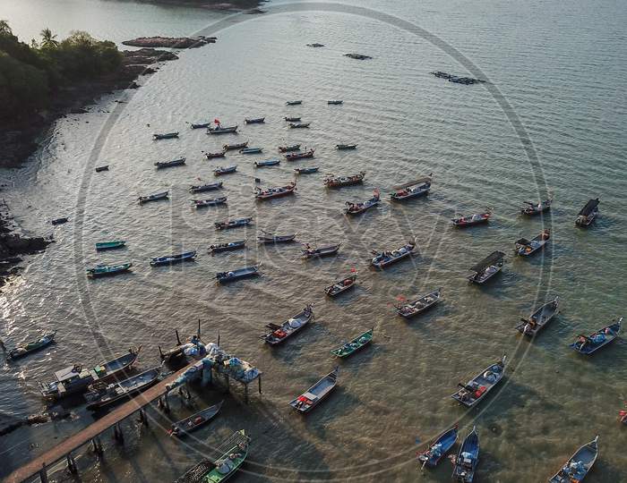 Aerial View Beautiful Jetty With Fishing Boat