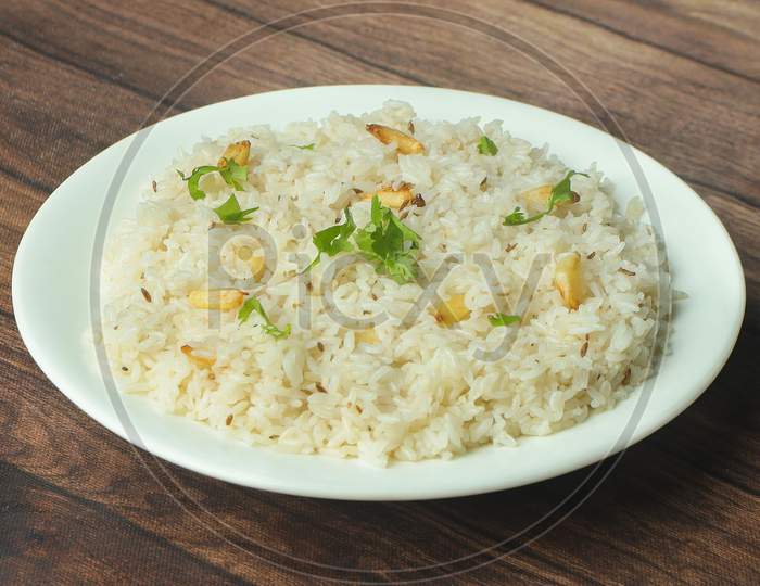 Cumin Rice Or Jeera Rice Is A Popular Indian Main Course Item Made Using Basmati Rice Flavored With Fried Cumin Seeds And Basic Spices, Selective Focus