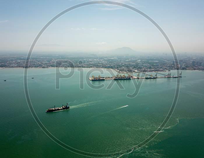 Aerial Container Ship Leave Terminal