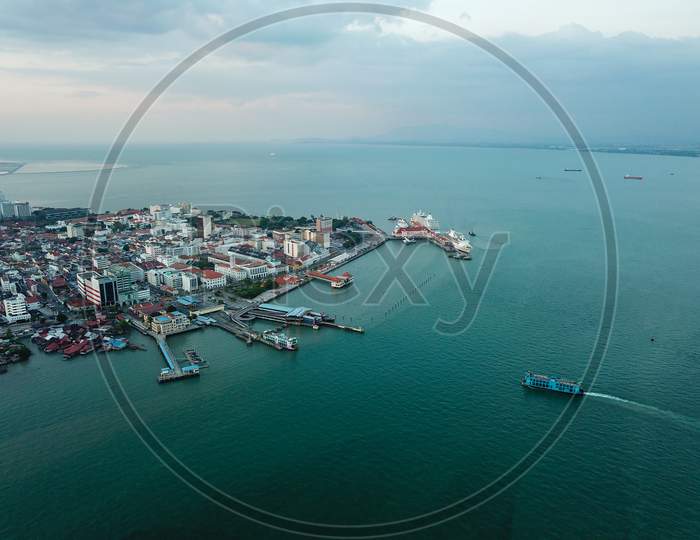 Aerial Blue Ferry Move Toward Penang Island