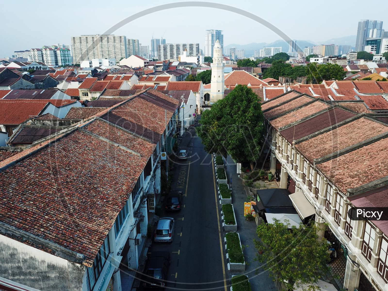 Aerial View Old Heritage House. Background Is Acheh Mosque