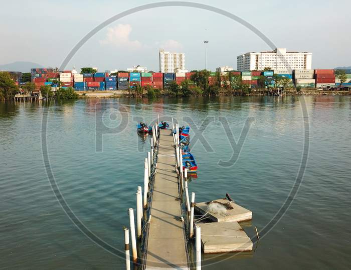 Jetty At Bagan, Sungai Perai. Background Is Container Depot