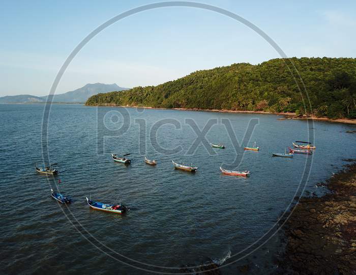 Aerial View Fishing Boat Park At Seashore