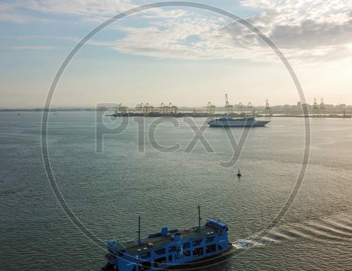 Blue Ferry Move At Sea