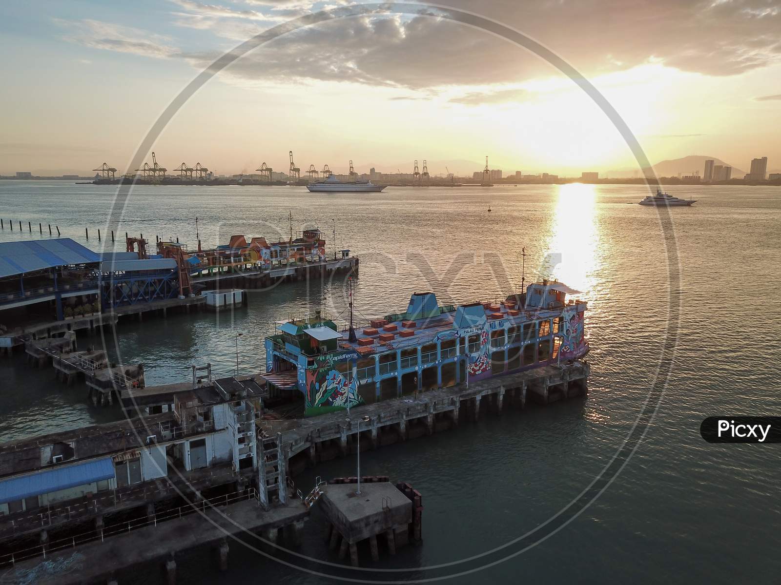 Aerial View Ferry At Terminal Penang In Morning