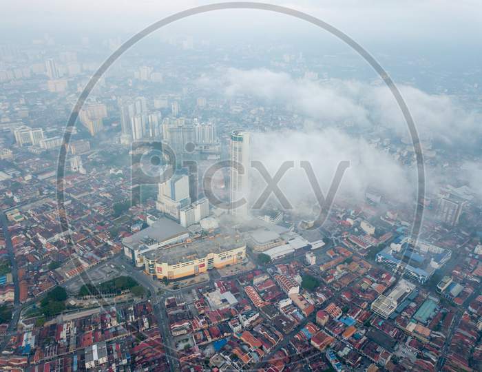 Aerial View Komtar Building Is Covered By Low Cloud