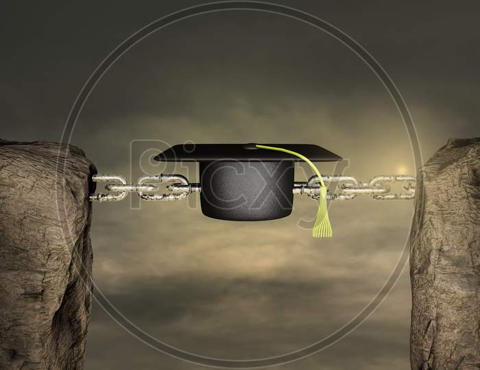 Two Mountains Connected With A Chain By Graduation Hat In Sunset Day. Puts The Kids Up Front Or Best Speeches At Graduation Or Power Points Praise Promotion Or Making It Special Concept. 3D Render