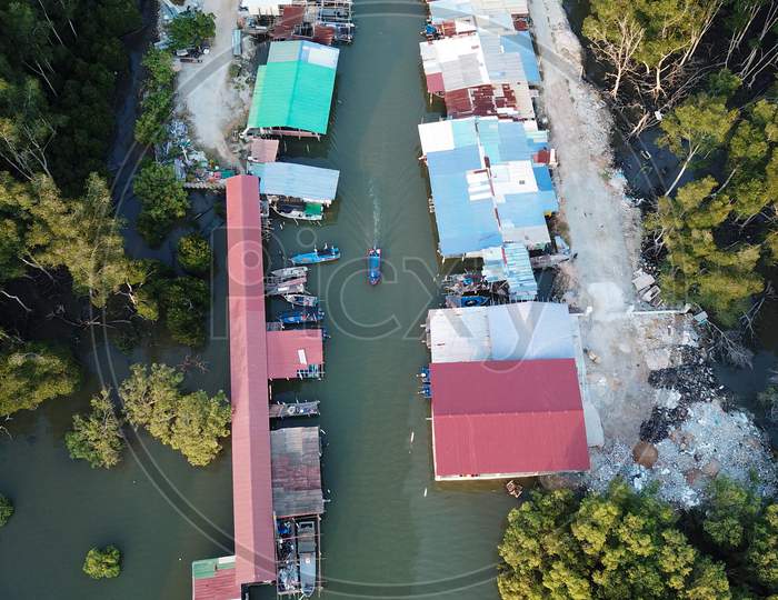 Aerial Top Down View Malays Fishing Village