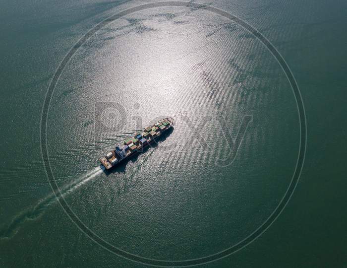 Aerial View Container Ship Move At Penang Sea